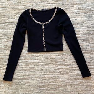 Brandy Melville Black Leopard Trim Cotton Shirt with Buttons - Worn 2X